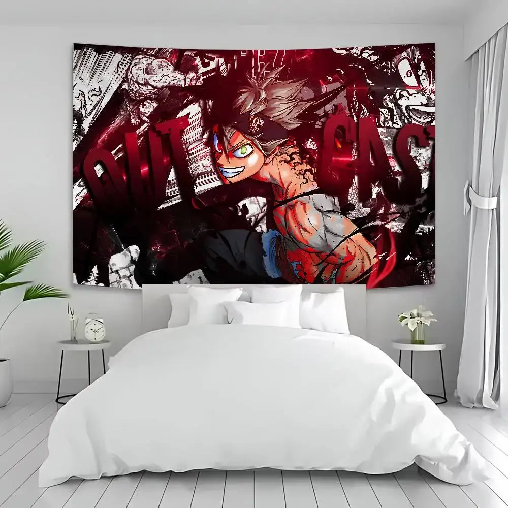 Vibrant red and black black clover asta bohemian tapestry wall hanging featuring dynamic spiky hair character design