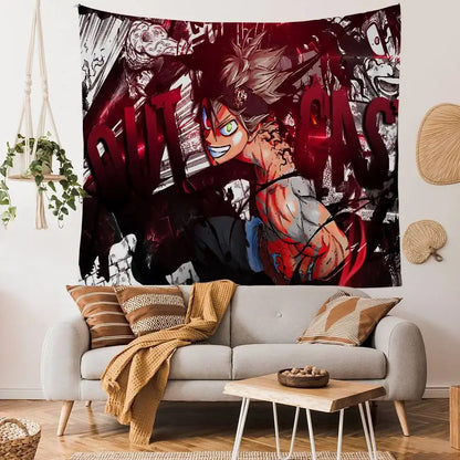 Vibrant red and black black clover asta bohemian tapestry wall hanging featuring dynamic anime character with spiky hair