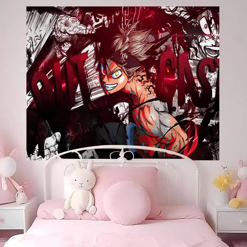 Black clover asta bohemian wall hanging tapestry featuring vibrant red black and white anime character with glowing eyes