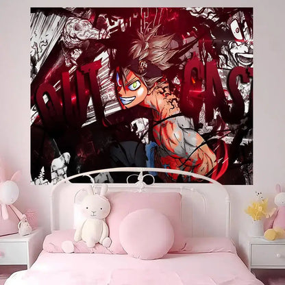 Black clover asta bohemian wall hanging tapestry featuring vibrant red black and white anime character with glowing eyes