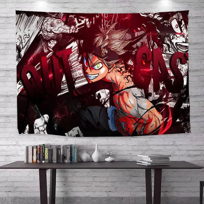 Vibrant red and black anime-themed wall hanging featuring black clover asta with spiky hair and ink-stroke effects