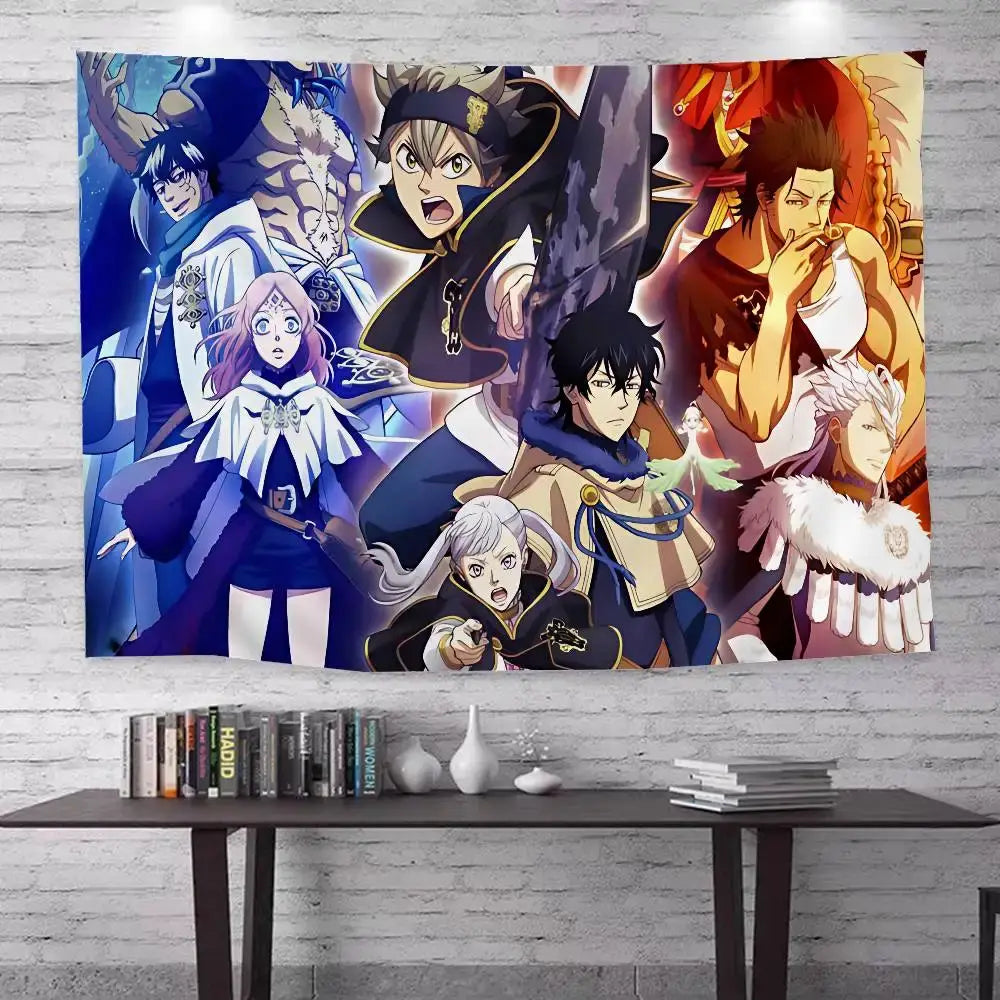 Vibrant black clover asta bohemian wall hanging tapestry with colorful anime characters on white brick wall