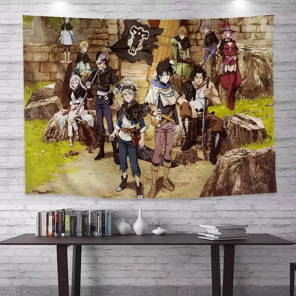 Black Clover asta bohemian tapestry wall hanging vibrant detailed anime characters on white brick wall
