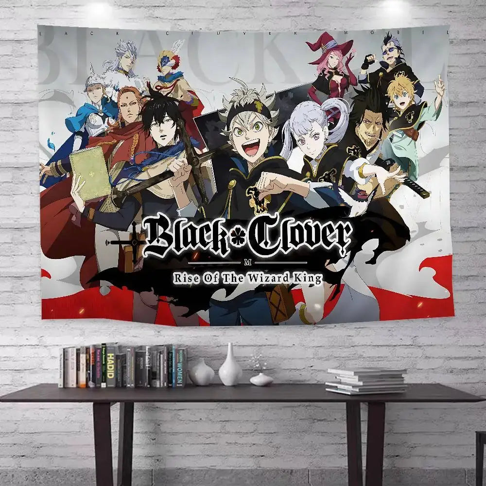 Black clover asta bohemian tapestry wall hanging featuring vibrant red black and white artwork from rise of the wizard king