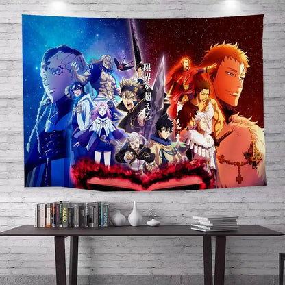 Vibrant anime-themed wall hanging featuring black clover asta in bohemian style with split deep blue and fiery red design