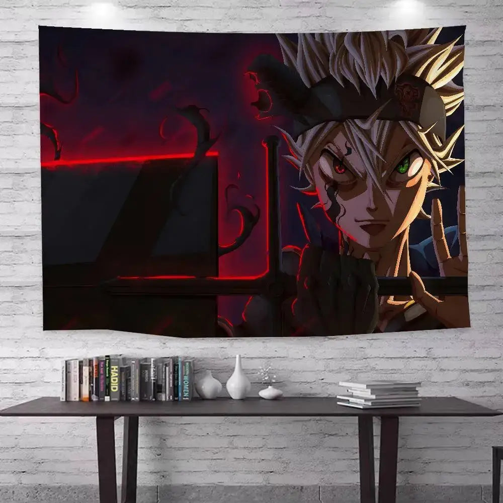 Dark-themed wall hanging tapestry featuring black clover asta with spiky white hair and mismatched eyes in bohemian style