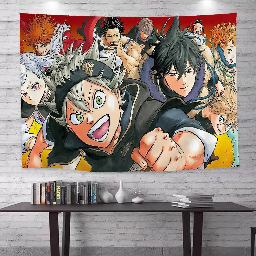 Vibrant red and yellow black clover asta bohemian wall hanging tapestry featuring dynamic anime characters in bold attire