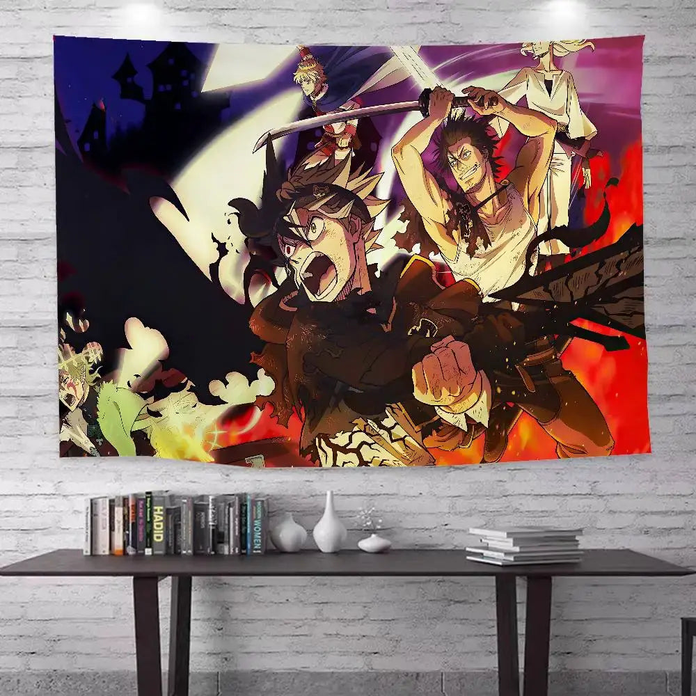 Vibrant black clover asta bohemian wall hanging tapestry with dynamic characters in fiery red purple and blue tones