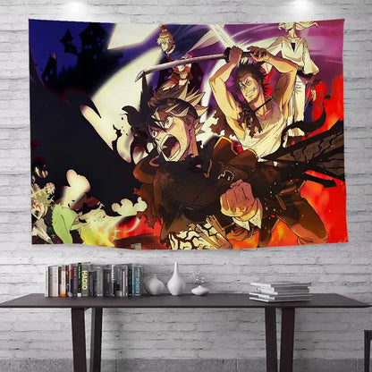 Vibrant black clover asta bohemian wall hanging tapestry with dynamic characters in fiery red purple and blue tones
