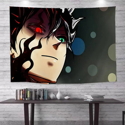 Black clover asta bohemian wall hanging tapestry featuring close-up with red and green eyes and dark hair streaked white