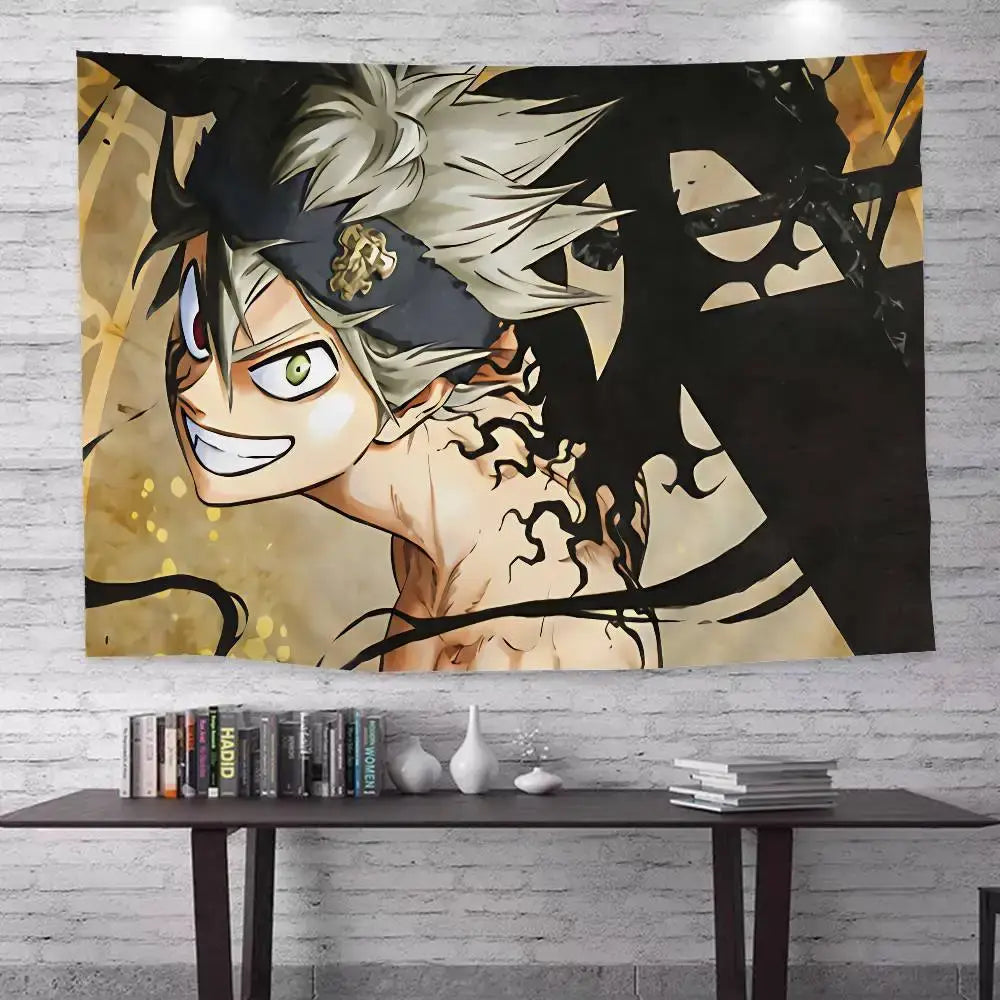 Black clover asta bohemian wall hanging tapestry featuring vibrant anime character with spiky white hair and green eyes