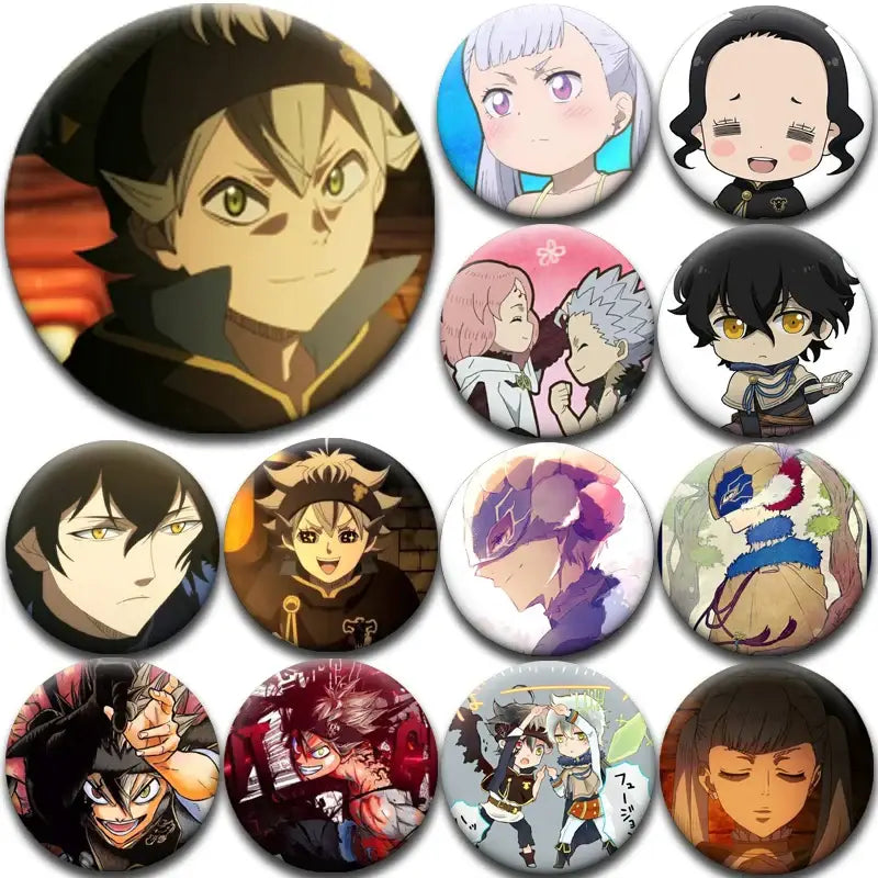 Collection of circular black clover asta tinplate badges featuring vibrant anime illustrations on glossy surfaces