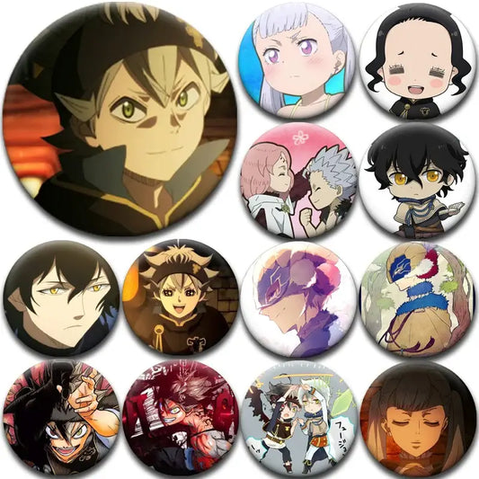 Collection of circular black clover asta tinplate badges featuring vibrant anime illustrations on glossy surfaces
