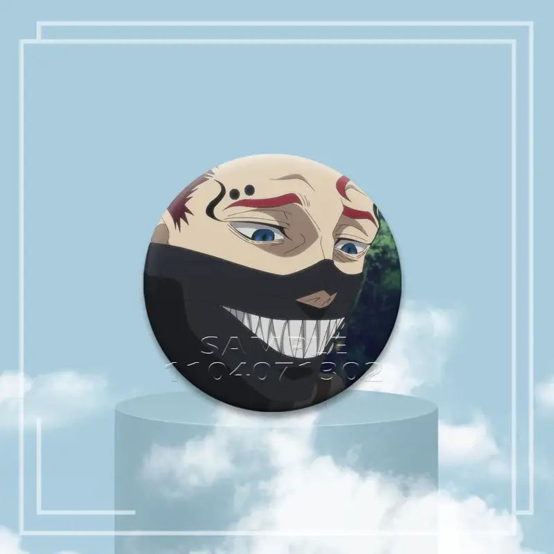 Circular tinplate black clover asta button pin featuring an anime character with a black mask and red markings