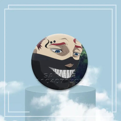 Circular tinplate black clover asta button pin featuring an anime character with a black mask and red markings