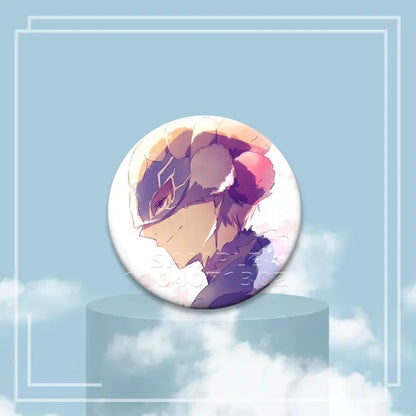 Black clover asta circular tinplate badge featuring a stylized figure with purple and pink hair in dark mask