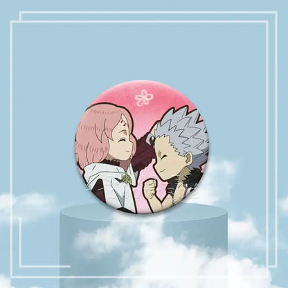 Pink circular tinplate black clover asta button pin featuring anime characters with pink and silver hair on pastel background