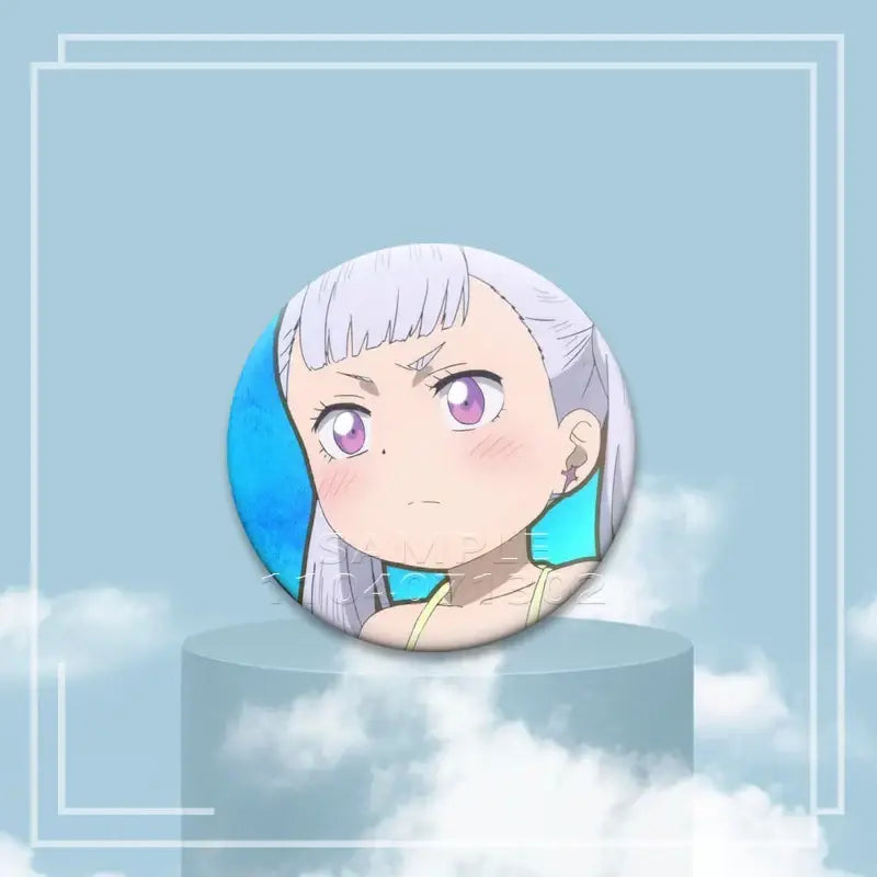Black clover asta circular anime character pin featuring a silver haired girl with purple eyes in a tinplate badge