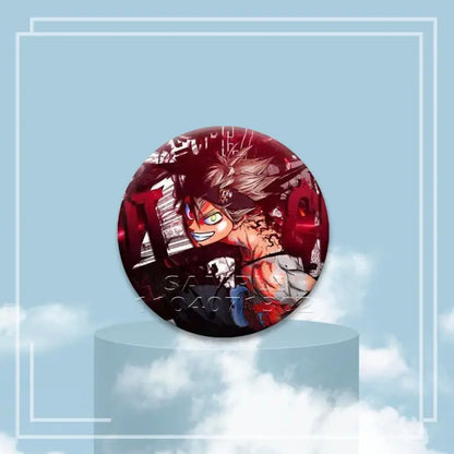 Black clover asta button pin featuring red and black tinplate badge with spiky hair and green eyes design