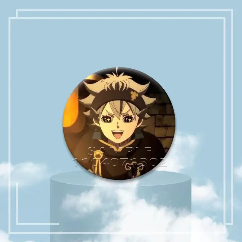 Black clover asta black and gold circular tinplate clover asta button featuring smiling anime character with spiky hair