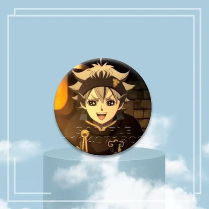 Black clover asta black and gold circular tinplate clover asta button featuring smiling anime character with spiky hair