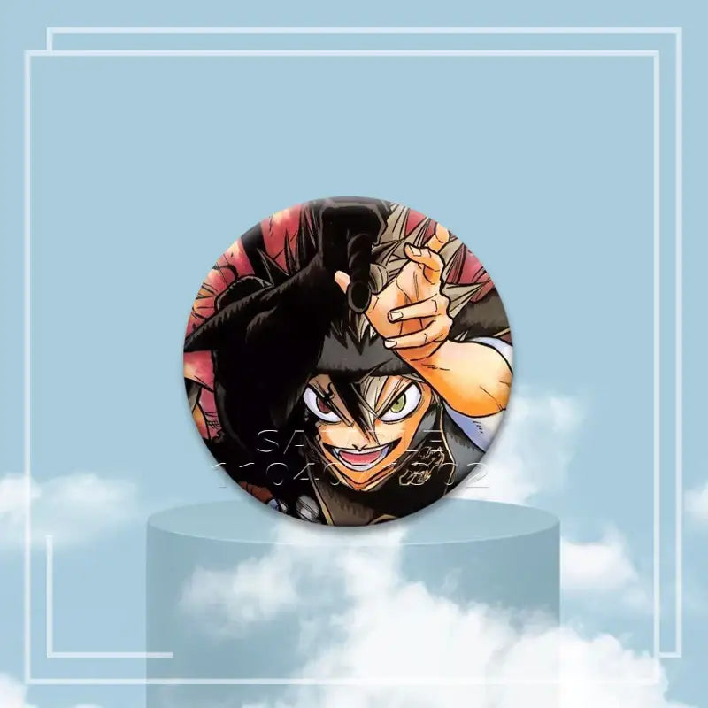 Circular tinplate black clover asta button pin featuring vibrant anime character with black hair and green eyes
