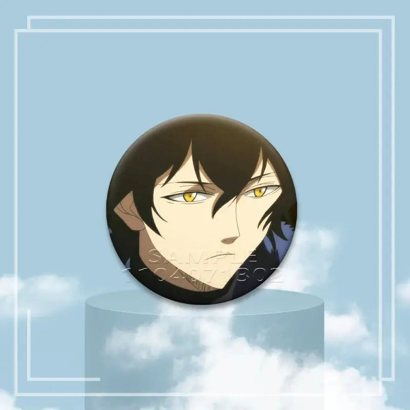 Black clover asta circular black-and-white tinplate button pin featuring stylized face with golden eyes and sharp bangs