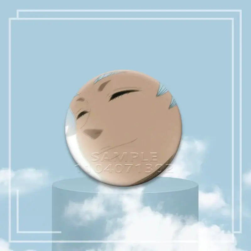 Beige tinplate black clover asta button pin featuring a smiling anime character face with light blue hair accents
