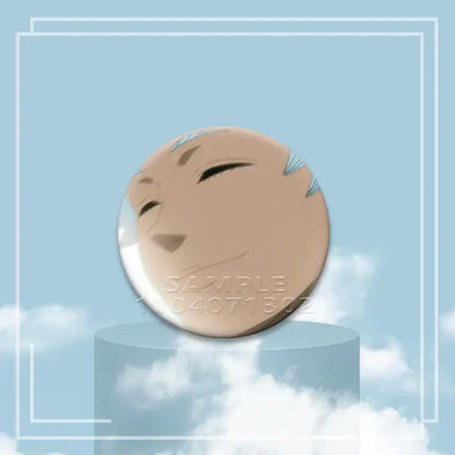 Beige tinplate black clover asta button pin featuring a smiling anime character face with light blue hair accents