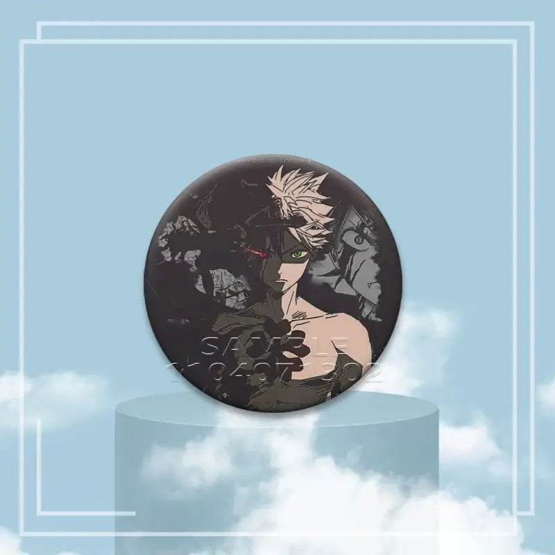 Black clover asta black circular tinplate button pin featuring spiky white hair anime character with green eyes