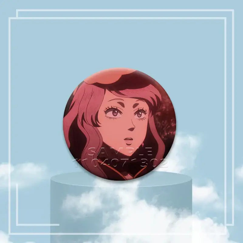 Circular tinplate black clover asta button pin featuring an anime-style portrait with reddish-pink hair and expressive eyes