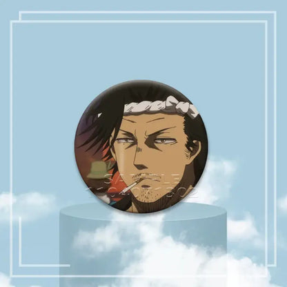 Circular tinplate black clover asta button pin featuring detailed anime illustration of asta with dark hair and white headband