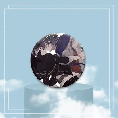 Black clover asta button pin featuring two characters in black and white detailed linework on a tinplate badge