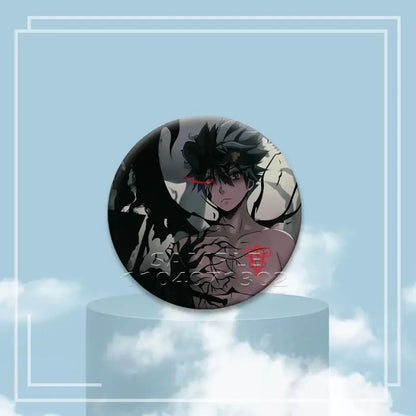 Circular black clover asta button pin featuring dark-haired male with red eyes and black white artwork on tinplate badge