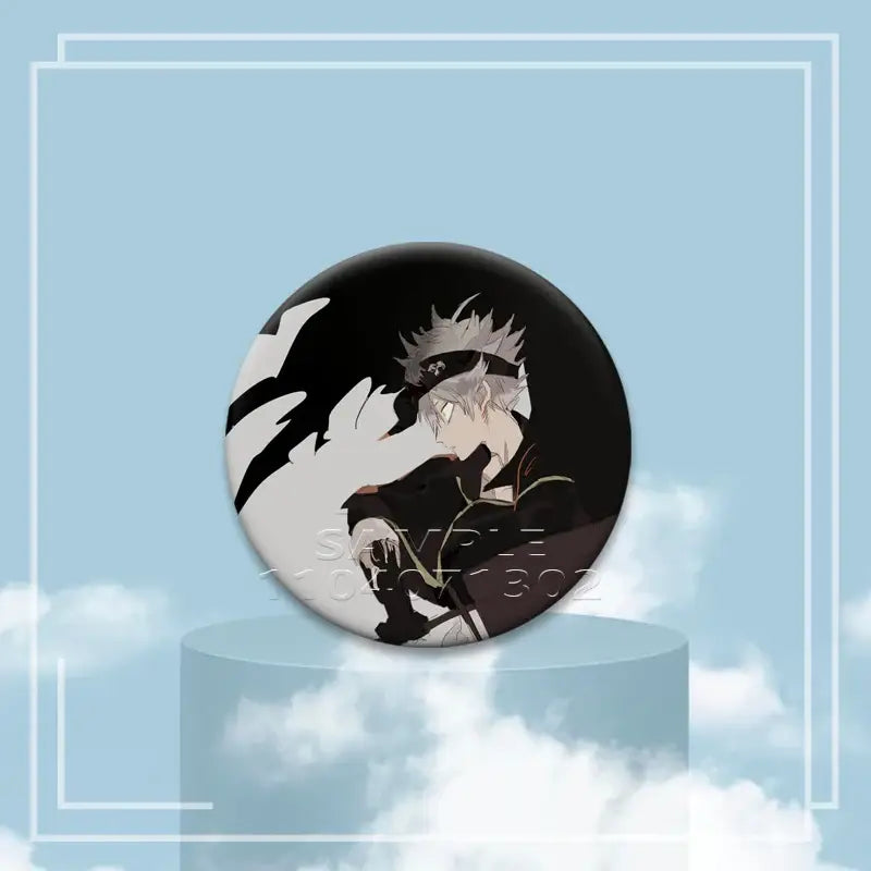Black clover asta tinplate badge featuring a black and white anime character with spiky silver hair and dark attire