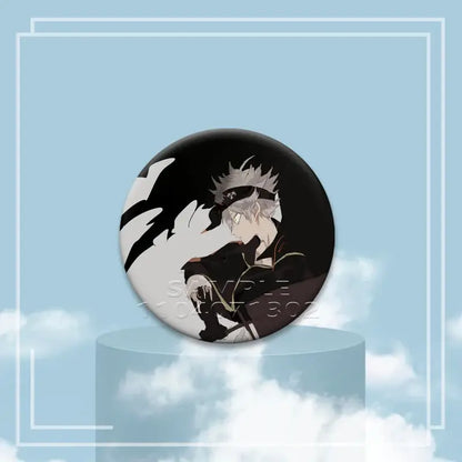 Black clover asta tinplate badge featuring a black and white anime character with spiky silver hair and dark attire