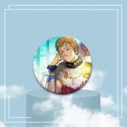 Circular black clover asta button pin featuring blonde-haired figure in fur-trimmed royal attire with gold accents
