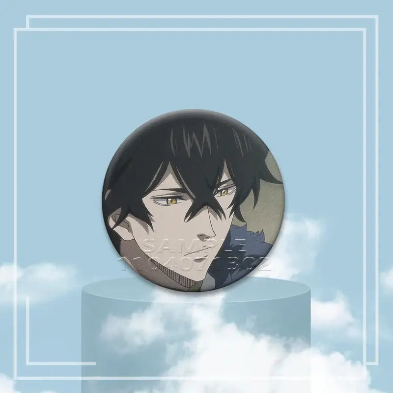 Black clover asta button pin featuring black-haired character with golden eyes on a subtle gradient tinplate badge