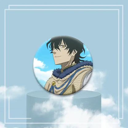 Circular tinplate clover asta button featuring black hair anime character with golden eyes and beige coat with blue fur trim