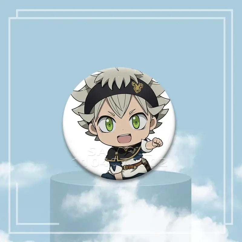 Black clover asta button pin featuring chibi silver hair character with green eyes on tinplate badge