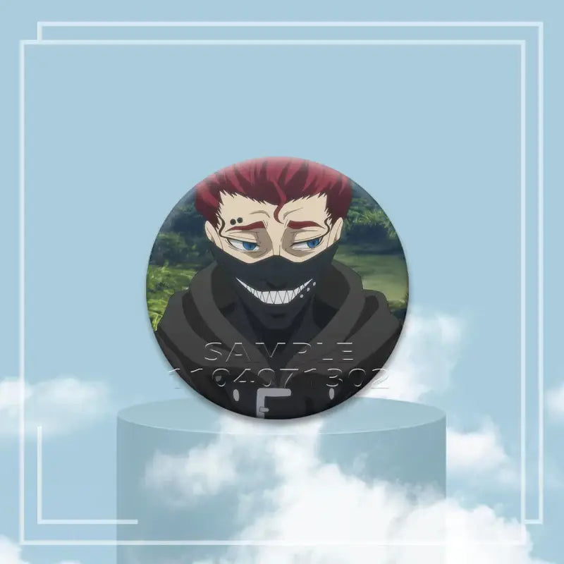 Black clover asta circular tinplate button pin featuring a masked figure with spiky hair and blue eyes