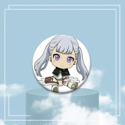 Circular tinplate black clover asta button pin featuring a chibi silver-haired character with purple eyes in black and white attire