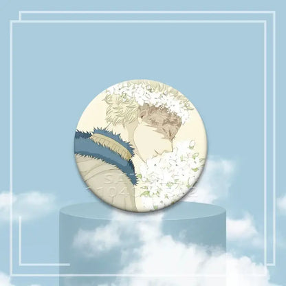 Black clover asta button pin featuring an anime character with blonde hair and white flowers on a tinplate badge