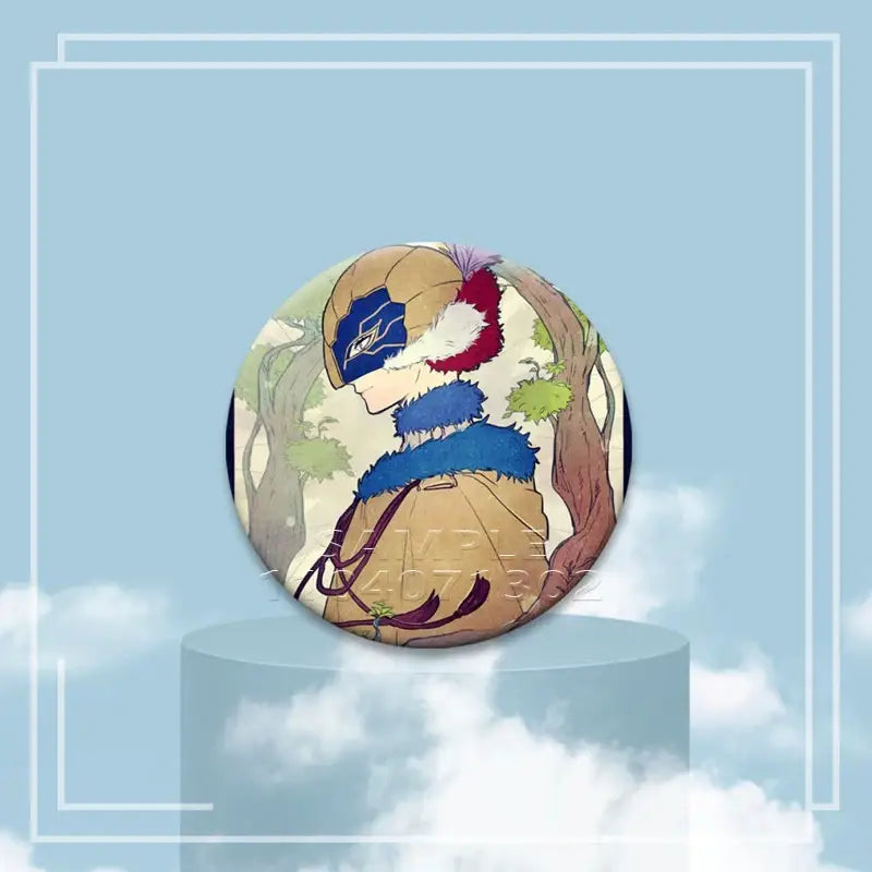 Circular black clover asta button pin featuring anime character with gold helmet blue mask and red white fur trim on tinplate