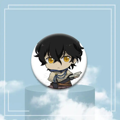Black clover asta chibi button pin with black hair golden eyes detailed beige blue brown clothing tinplate badge