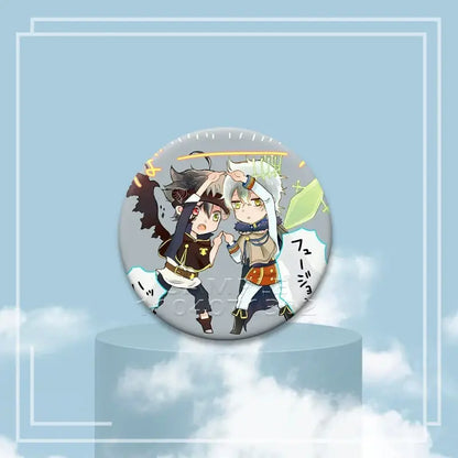 Black clover asta circular tinplate badge featuring two chibi anime characters in dynamic poses asta button pin