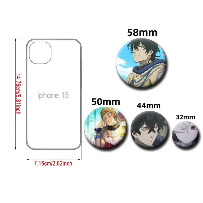 Set of four black clover asta tinplate button pins featuring circular anime character illustrations in various sizes