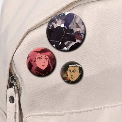 Three glossy tinplate black clover asta button pins featuring vibrant red hair and a stern-faced male character design