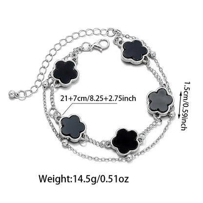 Silver chain wrist chain with five polished black clover asta charm for stylish five-leaf clover asta look