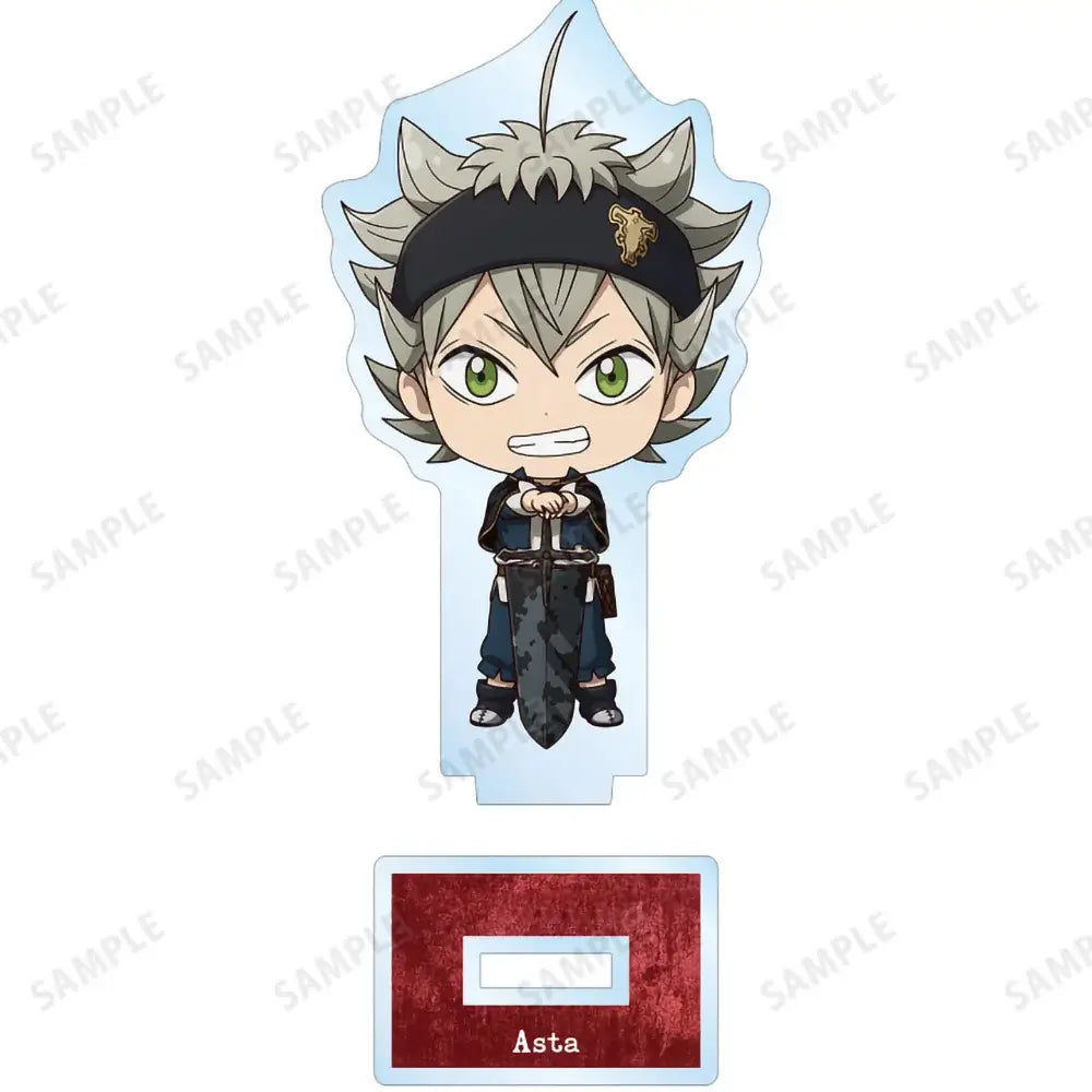 Black clover asta chibi acrylic standee featuring silver hair green eyes and black headband with gold lion emblem acrylic display